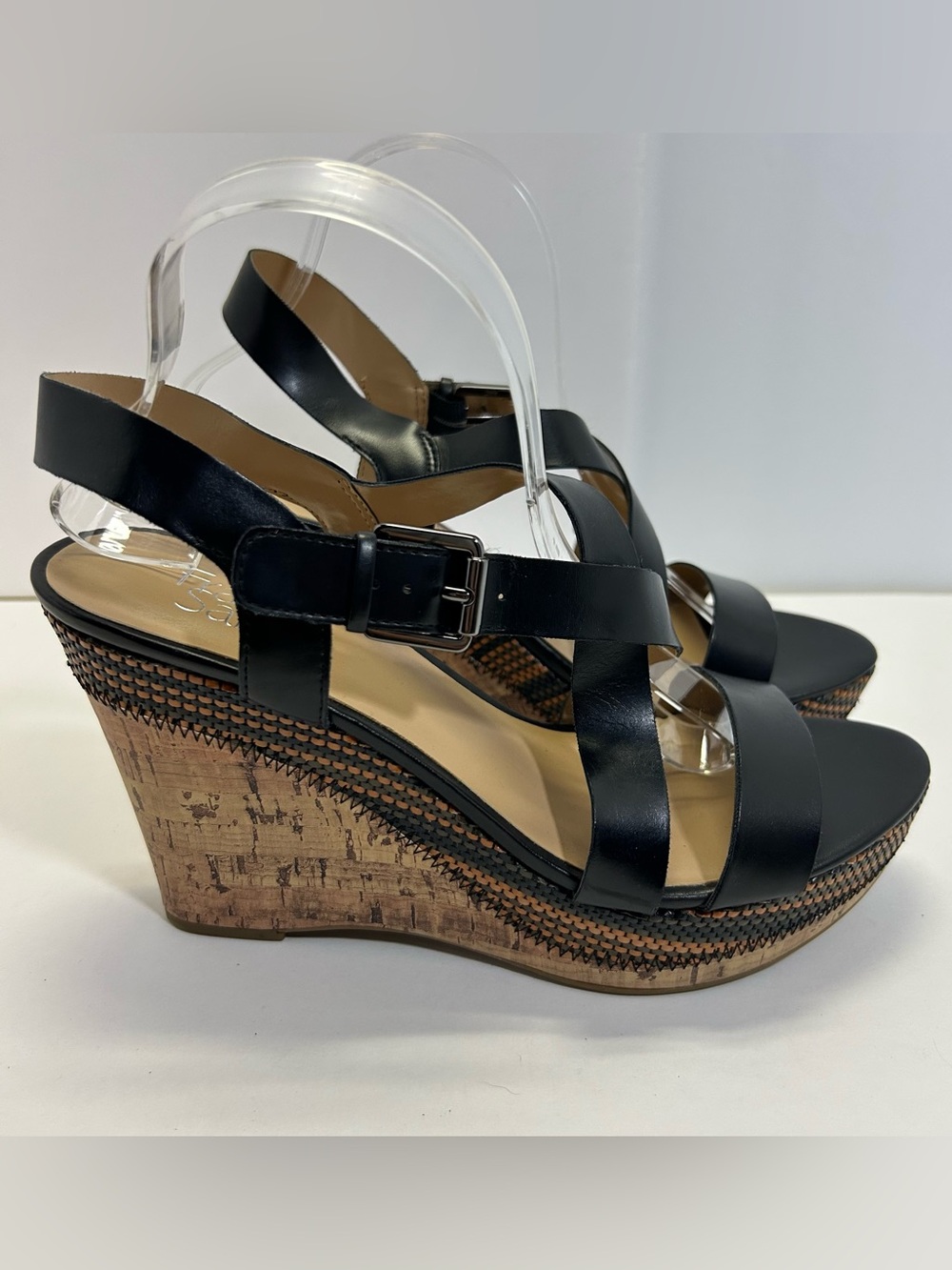 Franco Sarto Stallion2 Cork Wedge Sandals Black 4.5” heel buckle closure size 10